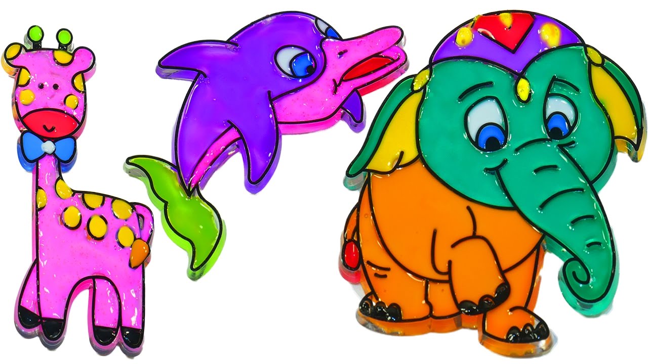 Витражи для детей Раскраска Учим Цвета Животных Слон Дельфин Жираф Учимся считать Учим части тела