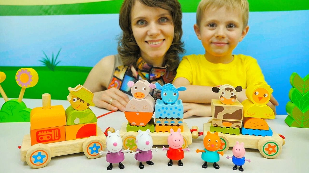 Паровозик с животными и сюрпризы от Свинки Пеппы для детей. Видео для малышей с игрушками Djeco