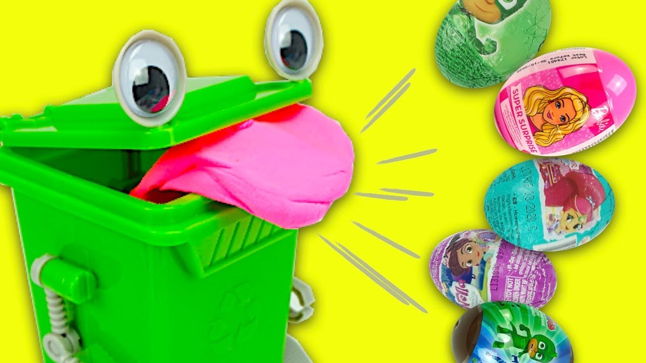 Сюрпризы и игрушки из мультиков, открываем вместе с зеленым контейнером