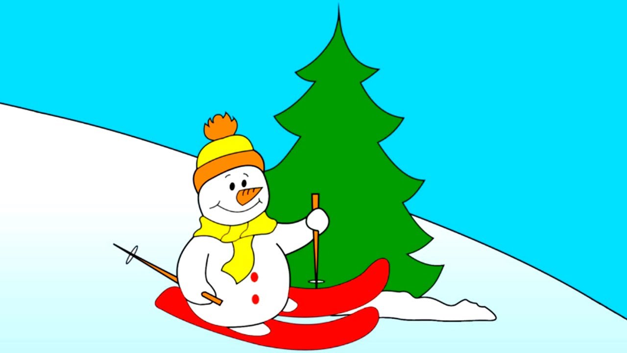 Раскраска из мультфильма - санки, снеговик. Учим цвета