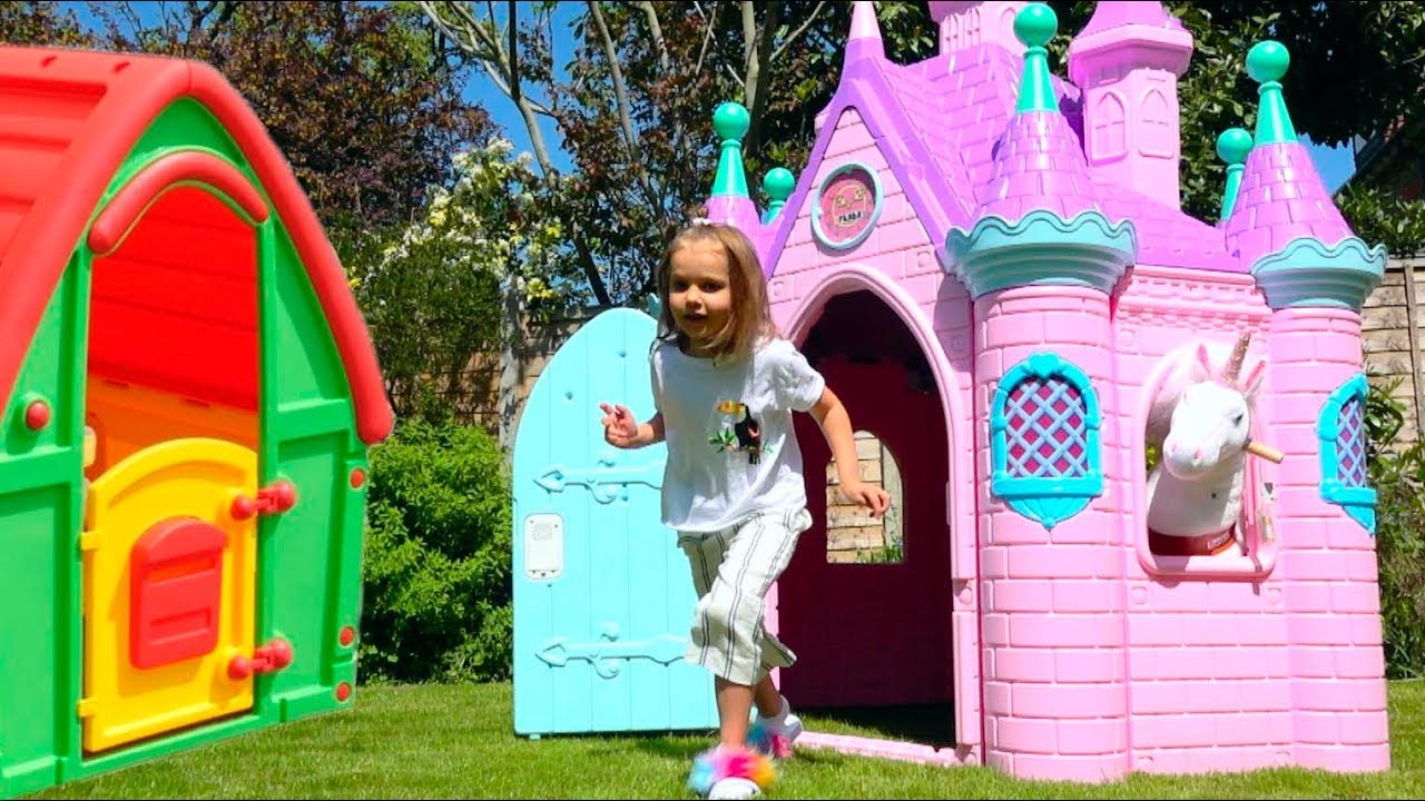 Katy Pretend play with baby Dolls Funny kids video with toys and Ride on UNICORN