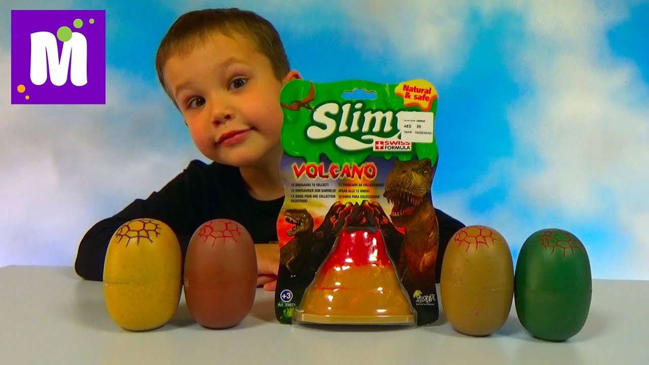 Динозавры игрушки в слизи в яйцах и вулкане
