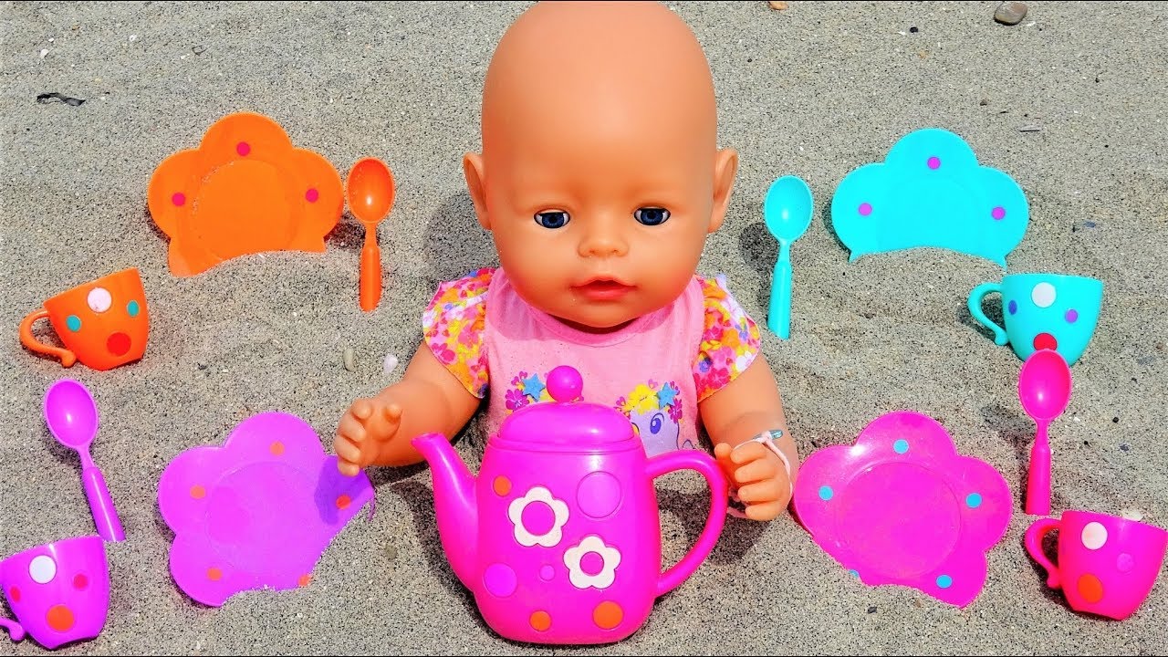 Polina playing with Baby  Dolls & Toy Tea Set  Funny Video for kids