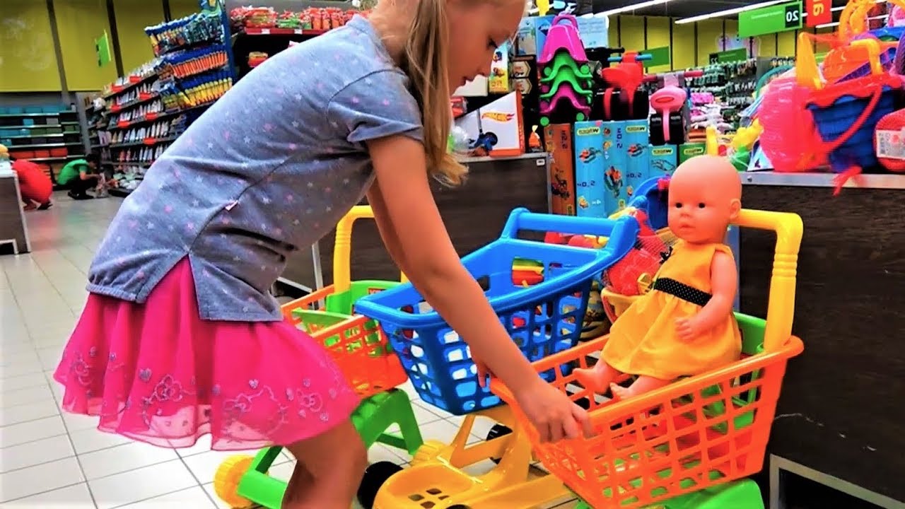 Shopping with Baby and Baby Born doll in the Supermarket funny video for kids