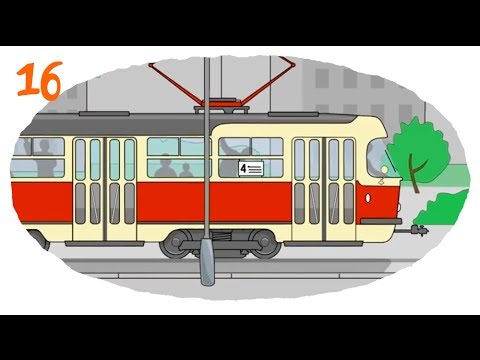 Мультфильм про машины (Раскраска) - общественный транспорт с вагонами в большом городе