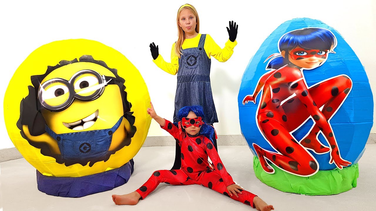 Kids play with toys in Giant Surprise eggs Ladybug & Minions